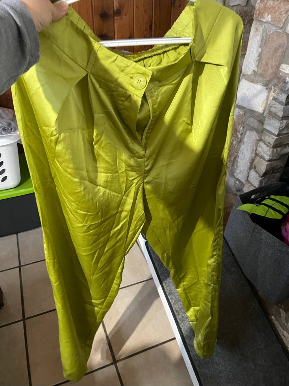 Wide Leg Satin Pants in Lime Green
